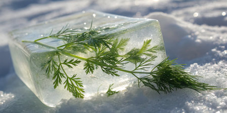 A fresh herb encased in a cube of ice lies on a sparkling snow blanket under bright winter sunshine.