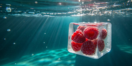 Raspberries are encased in ice, suspended in sparkling, sunlit water, bubbles dancing around.