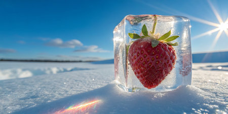 Bright red strawberry encased in clear ice, resting on snow under a radiant blue sky.の写真素材
