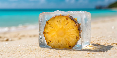 A slice of pineapple encapsulated in ice rests on a sunlit beach, shimmering by turquoise waters.