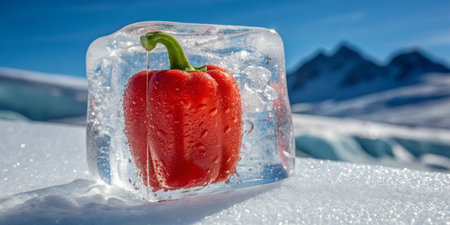 A red bell pepper is encased in ice, surrounded by snow and mountains.