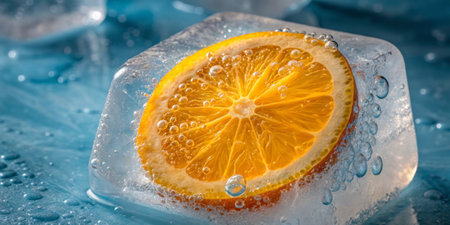 Bright orange slice encased in sparkling ice creates a vibrant, refreshing treat.