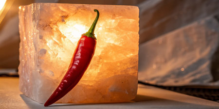 A red chili pepper rests against a warm salt lamp, enhancing the atmosphere.