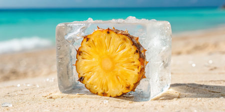 A vibrant pineapple slice encased in ice, resting on sandy beach shores under bright sunlight.