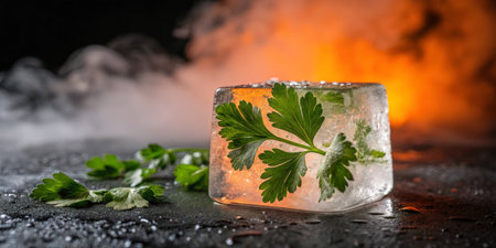 A frozen cube encases vibrant green herbs, creating a striking contrast against a smoky backdrop.