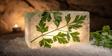 A fresh sprig of parsley rests atop a glowing ice block in a dimly lit space, exuding tranquility.