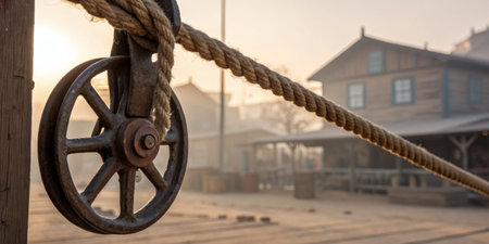 A worn metal pulley hangs on a thick rope, framing a quaint town awash in early morning light.の写真素材