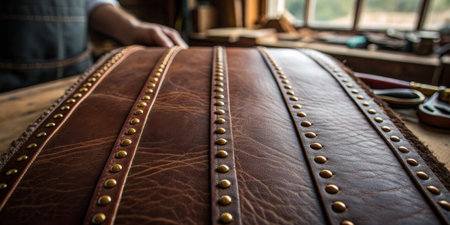 Artisan meticulously works on a leather bag, showcasing detailed design and craftsmanship.の写真素材