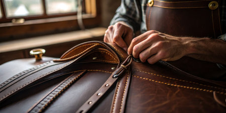 Hands expertly craft a leather bag with care and precision in a serene workshop setting.
