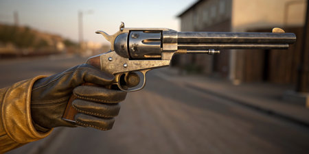 A weathered revolver is gripped tightly as the sun sets over an empty street.の写真素材