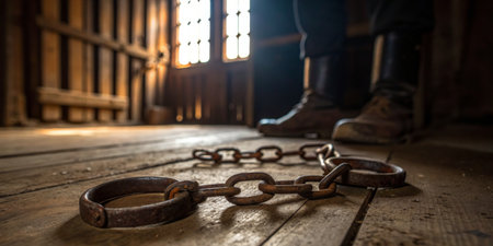 Rusty chains lie on worn wooden boards while a figure stands nearby in shadowy light.の写真素材