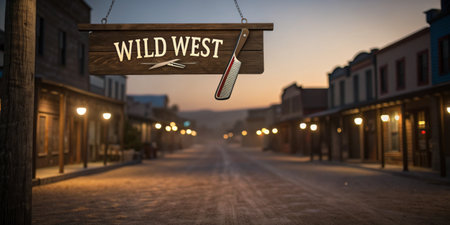 Twilight casts a warm glow on a deserted old town street, highlighting a vintage barbershop sign.の写真素材