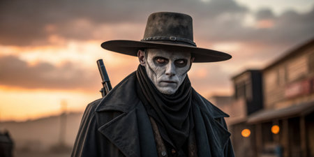 A haunting figure dressed in black gazes solemnly at the horizon as the sun sets.の写真素材