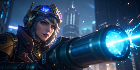 A fierce fighter aims her advanced weapon amidst glowing skyscrapers under the night sky.の写真素材