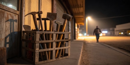 A wooden crate filled with tools sits quietly while a figure walks by at night.
