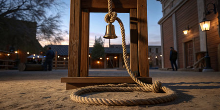 A rustic gallows stands prominently under a twilight sky as lanterns glow softly nearby.の写真素材