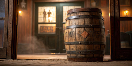 Dust dances in the light as a weathered barrel stands guard at a tavern door.の写真素材