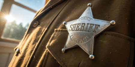 A vintage sheriff badge shines brightly in the warm sunlight, showcasing its intricate design.