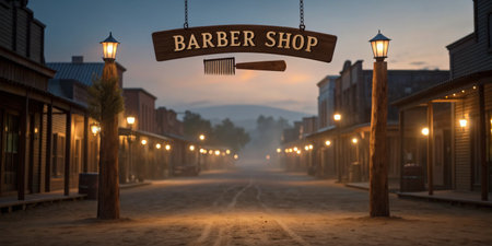 Dusty streets of an old-fashioned town illuminated by vintage lamps at dusk.