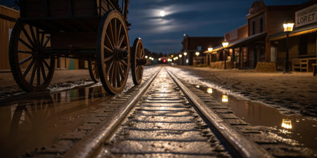Under a glowing moon, a weathered wagon rests alongside glistening tracks reflecting soft light.