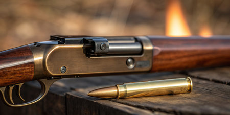 A classic rifle lays on a rustic wooden table as a shell casing sits beside it, glowing warmly.