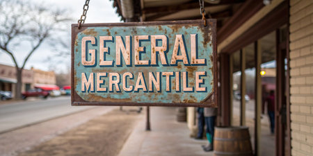 A vintage sign hangs outside a charming mercantile, inviting visitors to step inside.の写真素材