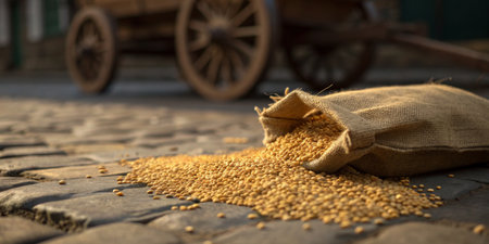 Golden grains cascade from a burlap sack onto cobblestones, showcasing rural life and harvest.の写真素材