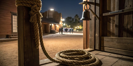 Twilight falls over a historic western town as visitors gather beneath glowing lights.
