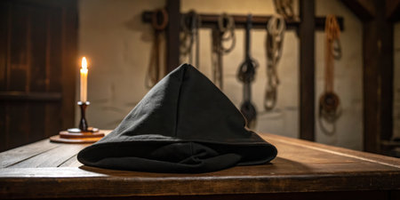 A lonely black hood sits on a wooden table, illuminated by the soft glow of candlelight.