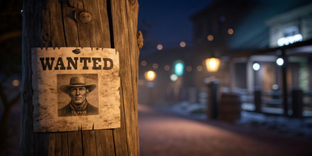 A weathered wanted poster clings to a wooden post in a quiet town under dim lights at twilight.の写真素材