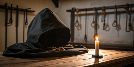 A hooded figure shrouded in darkness sits at a wooden table, illuminated by candlelight.の写真素材