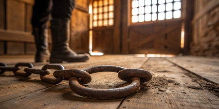 Rusty chains lie on a dusty floor as a figure stands in the warm light of a setting sun.