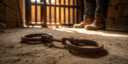 Rusty chains rest on the ground, casting shadows in the eerie silence of an old cell during the day.の写真素材
