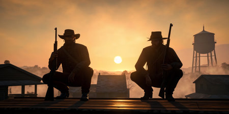 Silhouetted cowboys crouch on a rooftop, rifles ready, as the sun sets in the distance.の写真素材