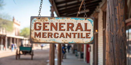 Rusted sign displaying general mercantile hangs in a lively Old West setting bustling with visitors.の写真素材
