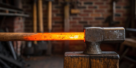 Hot metal glows while a craftsman shapes it in a rustic blacksmith shop at dusk.の写真素材