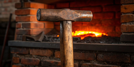 A rustic blacksmith workshop showcases a sturdy hammer beside a vibrant forge, fueled by fire.