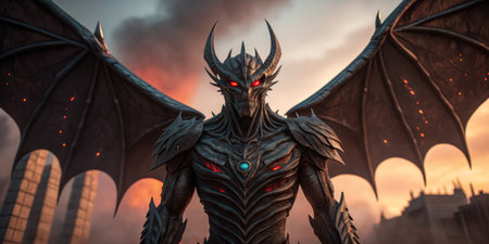 A fearsome dragon warrior clad in dark armor surveys the burning ruins around him.
