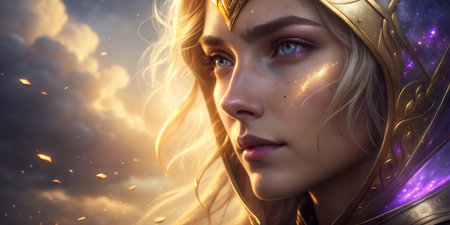 A celestial being with glowing features gazes into the horizon at twilight.の写真素材