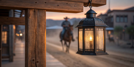 Warm light from lantern enhances western charm as cowboy rides past wooden storefronts at dusk.