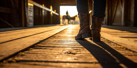 A person walks towards a barn at sunset, shadows stretching alongside a distant horse.の写真素材