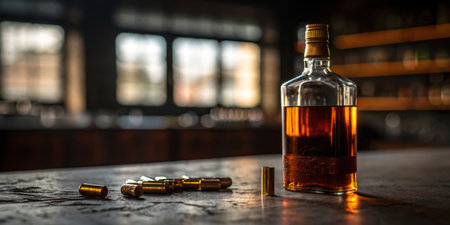 A whiskey bottle glimmers under soft lighting next to scattered shiny cartridges on a wooden bar.の写真素材