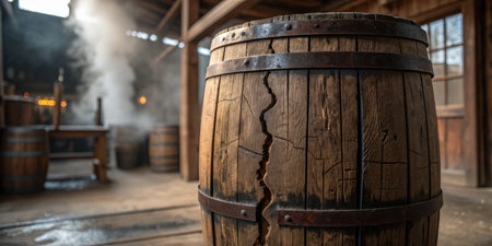 A cracked barrel dominates the foreground while steam drifts through a rustic workshop ambiance.