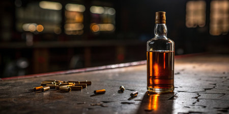 A whiskey bottle catches the dim light, surrounded by scattered bullet casings on the bar.の写真素材