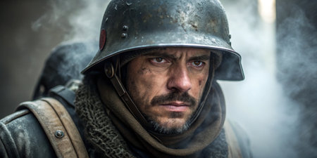 Soldier clad in armor gazes fiercely through the fog, embodying courage and determination.の写真素材