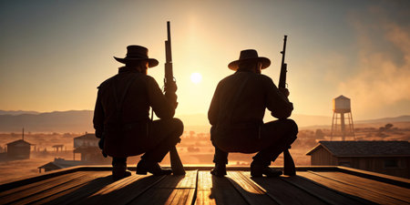 Silhouetted figures of cowboys readying their rifles at sunset in a remote frontier setting.
