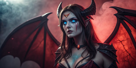 A stunning fantasy figure displays intricate horns and glowing eyes amid a misty backdrop.
