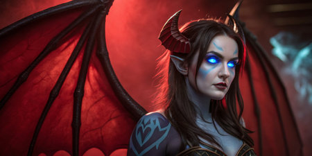 A captivating figure embodies a fantasy character with glowing features and dramatic wings.の写真素材