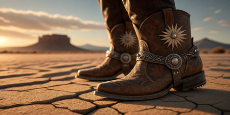 Detailed cowboy boots stand on cracked earth under a vibrant sunset backdrop.