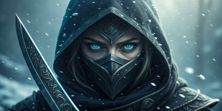 An enigmatic figure cloaked in darkness holds a glimmering blade, poised in a snowy forest.
